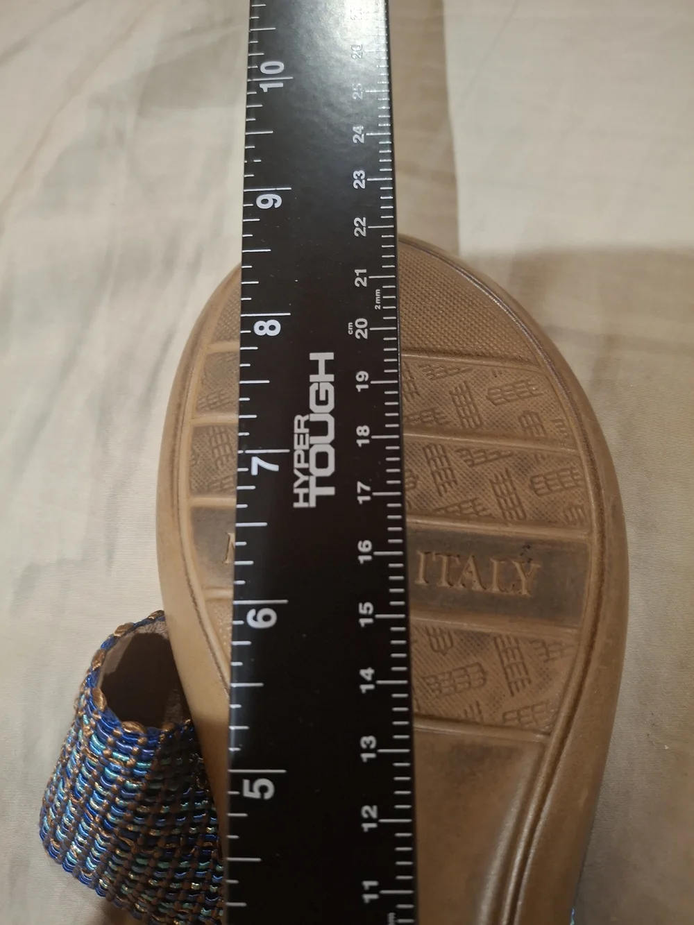 Tan Footbed Blue Woven Strap Slide Sandals